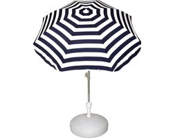 Voordelige set: blauw/wit gestreepte parasol en rotan kunststof parasolvoet wit - diameter parasol 180 cm