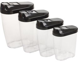Voorraad potten Set - vershouddoosjes - 4 Delig - 1.25 l/ 0.85l/ 0.6l/ 0.5l - BPA Vrij - Zwart - Vaatwasbestendig - geschikt voor alle type Droog Voedsel - Incl Clip