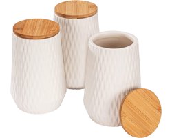 Voorraadpot Diamond, moderne set van 3 keramische potten met bamboe deksel en elegante diamantstructuur voor in de keuken of elders in huis, elk met een inhoud van 0,6 liter, wit/bruin