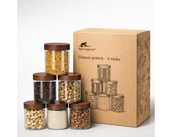 Voorraadpotten Glas 6 Delig - 15 CM hoog - 10cm Ø - Met Acacia Houten Deksel - Luchtdicht - Keuken Voorraadpot Set