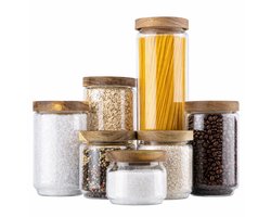 Voorraadpotten Glas met Deksel van Acacia - Set 7 stuks