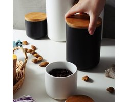 Voorraadpotten Keramiek - Suikerpot 3 stuks -  Deksel Bamboe - Luchtdict Voorraadbussen Potten - Zwart