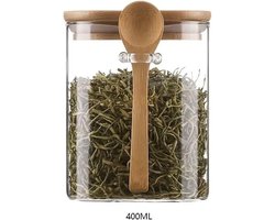 Voorraadpotten met deksel en lepel - 400 ml - kruidenpot - thee potje - opslag pot - keuken - luchtdichte opbergpotten - kruidenpotjes - yoghurtglazen - glazen potjes - voorraadpotten - voorraadpotten glas met deksel - voorraadpotten met houten -rond
