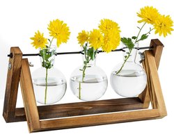 Voortplantingsstation met Houten Standaard en Glazen Plantenpot | Vintage Plantenplanter voor Thuis en Kantoor | Decoratieve Tafel Middelpunt met Upgrade Bulb Design | Binnen Accessoires met 3 Lampen