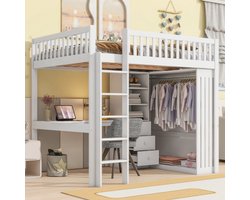 (Voorverkoop - Verzending eind september)Hoogslaper, 140*200cm, bureau, kledingkast, 3 laden, open opbergruimte, leuning, trap, zonder matras, wit