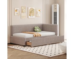 (Voorverkoop - Verzending medio september)Learnlogic polsterbed slaapsofa 90x200, multifunctioneel bed met 2 grote opbergladen en latmatras, huidvriendelijk fluweel, grijs