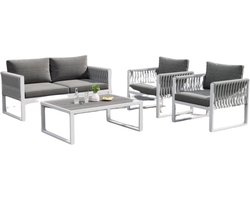VORLOU - Moderne Tuinset - Gevlochten Tuinset - Grijs-wit Loungeset - Japandi loungeset - Gegalvaniseerde Tuinmeubelset - 4 Loungeset incl Zitkussens - Alle Kussens Inbegrepen