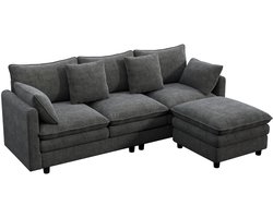 Vormige Hoekbank - 3-Zits Bank - Woonkamer Bank - Chenille - Verplaatsbare Poef - 4 Kussens - Appartement - 212x150x90cm - Grijs