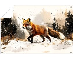 Vos in winterlandschap schilderij - Vos buitenposter - Tuinmuurdecoratie dieren - Realistische kunst - Tuinaccessoires - Tuinposters decoratie - tuinposter 105x70 cm