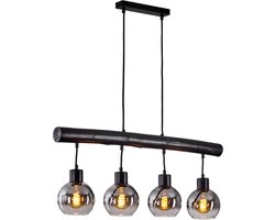 Voue Hanglamp Zwart 4 lichtbronnen - moderne zwarte glazen rokerig houten hanglamp 40 watt - e27 lichts woonkamer verlichting - boho-stijl retro vintage zwarte hanglamp hoogte van 120 cm rechthoekige hanglamp