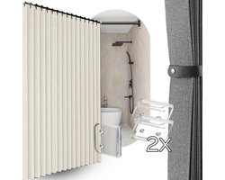 Vouw Douchegordijn 120x200 + 2x Transparante Clips | Beige | Stof | Water- & Schimmelbestendig | Anti-Plak | Modern & Strak Douche Gordijn | Bundel