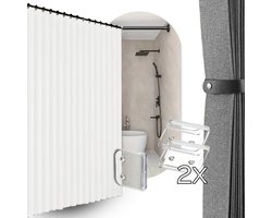 Vouw Douchegordijn 120x200 + 2x Transparante Clips | Wit | Stof | Water- & Schimmelbestendig | Anti-Plak | Modern & Strak Douche Gordijn | Bundel