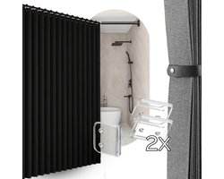 Vouw Douchegordijn 120x200 + 2x Transparante Clips | Zwart | Stof | Water- & Schimmelbestendig | Anti-Plak | Modern & Strak Douche Gordijn | Bundel
