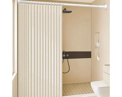 Vouw Douchegordijn 180x200 + 2x Transparante Clips | Beige | Stof | Water- & Schimmelbestendig | Anti-Plak | Modern & Strak Douche Gordijn | Bundel