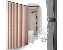 Vouw Douchegordijn 200x200 + 2x Transparante Clips | Roze | Stof | Water- & Schimmelbestendig | Anti-Plak | Modern & Strak Douche Gordijn | Bundel