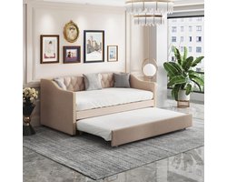 Vouwbank Gestoffeerd - Bankbed Slaapbank - Ruimtebesparend Slapen - Met Armleuningen - 90/180 x 200 cm - Beige