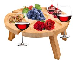 Vouwbare Houten Picknicktafel voor Buiten met Houder voor Wijn Glazen en Borden, Ideaal voor Tuin, Kamperen en Strandactiviteiten