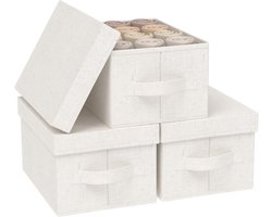Vouwbare Opbergdozen met Deksel van Linnen, Cube Organizer voor Thuis, Kantoor en Kast, Beige, Set van 3, 33 x 23 x 18 cm, Ruimtebesparend en Praktisch