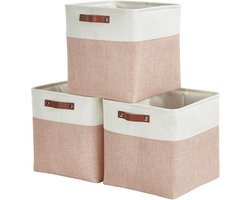 Vouwbare Opbergdozen van Linnen - 25 cm Cube, Woven Stoffen Opbergmanden met Leren Handvatten - Set van 3 (Roze & Wit) voor Organisatie en Ruimtebesparing
