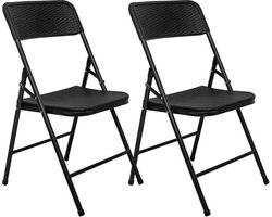 Vouwbare Tuinstoelen tot 150 kg - Weerbestendige Balk Stoelen in Rotan-Look - Set van 2 Zwarte Klapstoelen