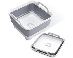 Vouwbare Wasbak met Handgreep - Grijze Opvouwbare Kom voor Kamperen, Keukenaccessoires met Afvoer