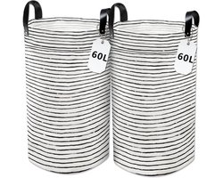 Vouwbare Wasmand - 60 Liters - Set van 2 - Ronde Wasmand met Versterkte Nieten - PU Leren Handvatten - Grote Waterdichte Waszak voor Badkamer - Zwart en Witte Gestreepte Wasmand