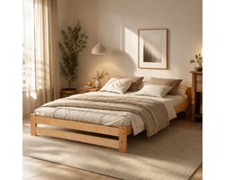 Vouwbed 140x200 cm - Tweepersoonsbed - Opklapbed - Plooibed - Massief hout - Houten bed - Lattenbodem - Met hoofdeinde - Natuurlijke houtkleur