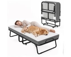 Vouwbed-Opklapbed eenpersoonsbed 190 x 80 cm- Vouwbed met matras --traagschuimmatras-metalen bedframe - Logeerbed op wielen - Draagvermogen 200 kg