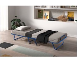 Vouwbed, Opklapbed, Logeerbed, 'Safari' 80x190 cm metaal, Mousse 21 kg., dikte 9 cm, 15 latten