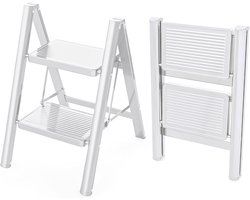 Vouwladder 2 treden - Huishoudladder stabiel - Veilig klussen - Professionele kwaliteit - 42 x 59 cm - Wit