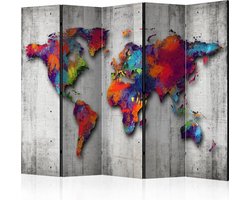 Vouwscherm - Wereld op beton  225x172cm  , gemonteerd geleverd, dubbelzijdig geprint (kamerscherm)