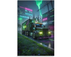 Vrachtwagen Muurkunst - Canvas Schilderij - Woonkamer Decoratie - Fluorescerend Effect - 30 x 45 cm - Groen
