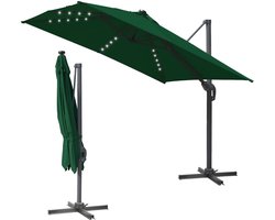 Vrijdragende parasol voor tuinterras, hangende banaanparasol, zonnescherm met UV 50+ bescherming, 360° rotatie, verstelbare kanteling, zwengel voor openen en sluiten, met LED,Groen