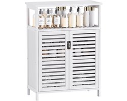 Vrijstaand Badkamerkastje – Bamboe Opbergkast met Dubbele Deuren – Open Planken – Vloerkastje – Ruimtebesparend Keukenkastje – Witte Opberger – Multifunctioneel Kastje voor Badkamer & Keuken
