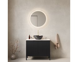 Vrijstaand badkamermeubel met wastafel - 76 cm - Zwart & Wit - Carrara gesinterd stenen werkblad - Gestreepte soft-close deuren - Zwarte keramische waskom met steenpatroon