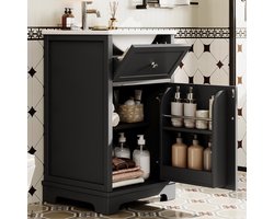 Vrijstaand badkamermeubel met wastafel - Compacte opberger voor kleine badkamer - 51x46x87 cm - Zwart - Soft-close lade & deurplateau - Verstelbare legplanken - Hoge poten - Keramisch bekken met overloop - Volledig gelakt