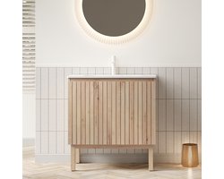 Vrijstaand badkamermeubel met wastafel - Opbergkast met verstelbare plank - 80 cm - Wit eiken & Carrara wit - Naadloos gesinterd stenen wasbekken - Soft-close deuren met streepdesign