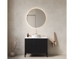 Vrijstaand badkamermeubel met wastafel - Opbergoplossing voor kleine badkamer - 76 cm - Zwart & Wit - Wit gesinterd stenen blad - Ronde keramische waskom met steenpatroon - Gestreepte soft-close deuren