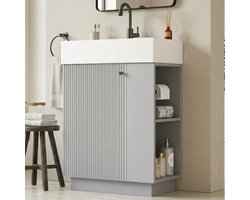 Vrijstaand badkamermeubel met wastafel - Opbergset voor kleine badkamer - 55x32x87 cm - Grijs - Soft-close deur & afneembare toiletrolhouder - Geribbelde houtstructuur - Keramisch wasbekken