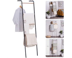 Vrijstaand Handdoekenrek - Decoratieve ladder - Handdoekladder - Wandrek - Kledingrek - Vrijstaand - Zwart Metaal en Hout - 160 cm - Badkamer Ladderrek - Inclusief EBOOK