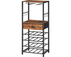 Vrijstaand wijnrek voor 16 flessen met niet-geweven stof en haken - Wijnopbergrek tafel voor keuken, eetkamer, bar - Rustiek bruin en zwart design