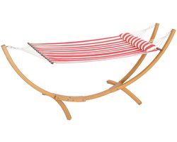 Vrijstaande eenpersoonshangmat met houten standaard, hoofdkussen, katoenen ligvlak, 310 x 118 x 120 cm, rood en wit