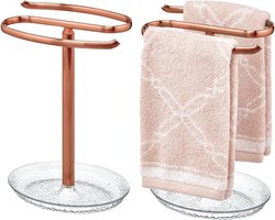 Vrijstaande gastendoekjeshouder voor wastafel - compacte handdoekhouder met opbergruimte voor sieraden - set van 2 - roodgoud/transparant