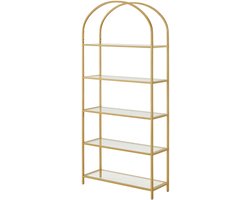 Vrijstaande opbergkast display rek boekenplank 32×12×72 inch gouden stalen frame gehard glazen planken boogvormig ontwerp 5 lagen opbergruimte hoge draagkracht geschikt voor woonkamer studeerkamer slaapkamer moderne minimalistische stijl