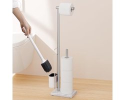 Vrijstaande Toiletpapierhouder met Borstel en Marmeren Basis - Roestvrij Staal