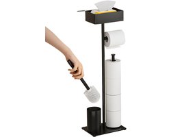 Vrijstaande Toiletrolhouder met Opbergbox en WC-Borstelhouder – 4-in-1 Badkamer Organizer – Verzwaarde Basis met Anti-slip Voetjes – Zwart – Staand Toiletpapier Rek