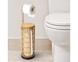 Vrijstaande toiletrolhouder met plank, badkamertoiletrolhouder, staand, Boho rotan toiletpapieropslag, zwarte toiletpapierstandaard voor 4 rollen toiletpapier
