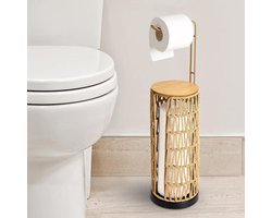 Vrijstaande Toiletrolhouder met Plank en Opbergruimte - Boho Rotan Design - Voor 4 Rollen Toiletpapier