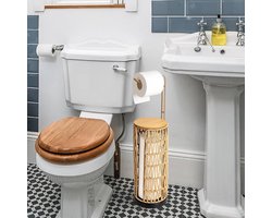 Vrijstaande Toiletrolhouder Opbergruimte met Plank, Boho Rotan Toiletrolhouder voor 4 Rollen Toiletpapier