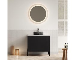 Vrijstaande wastafel 76 cm met onderkast, zwarte glazen wastafel, gesinterde stenen plaat, soft-close-deuren, vochtbestendig en modern design voor badkamer en gastentoilet